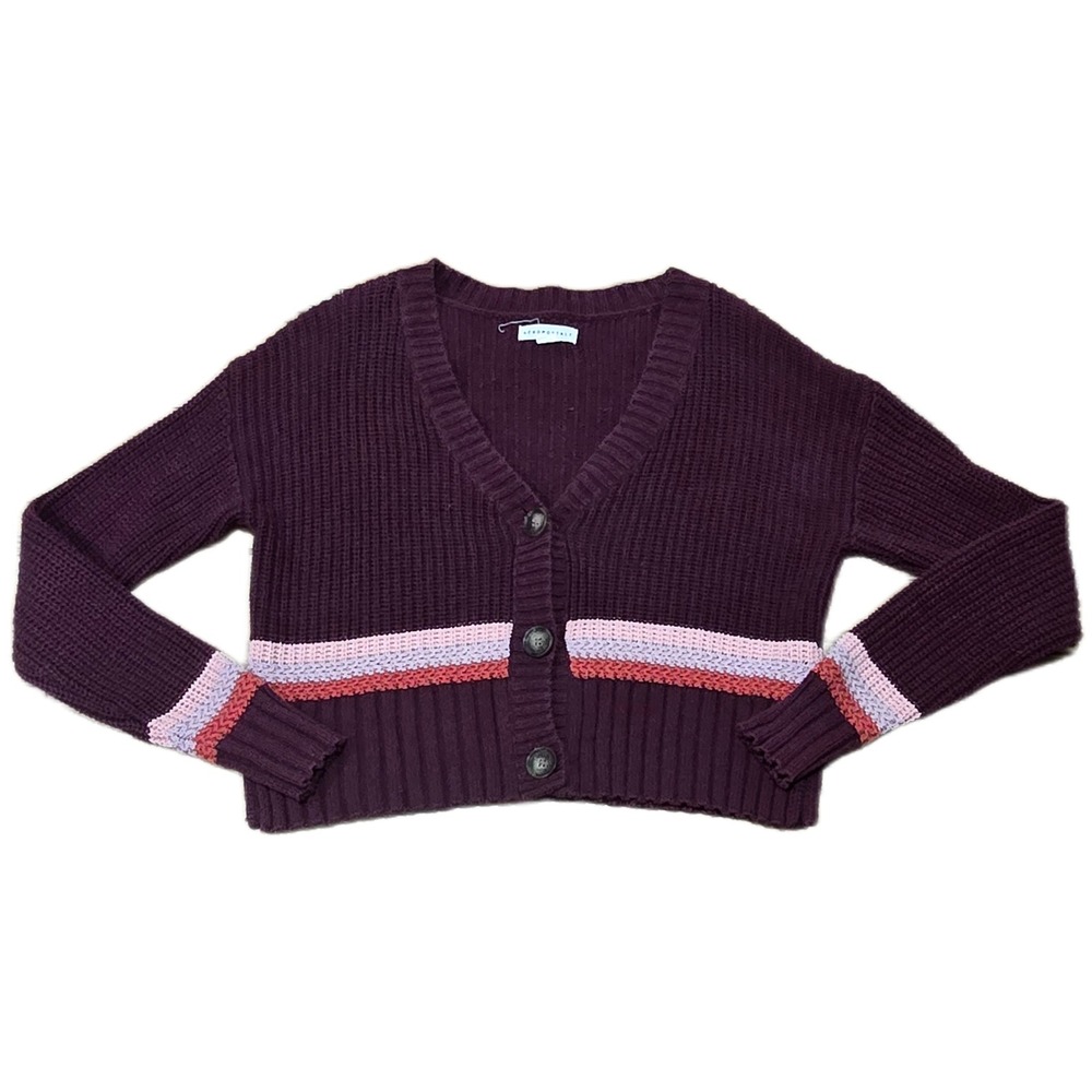 Aeropostale Womens XS Purple Striped Cropped Cardigan Sweater V-Neck Knit